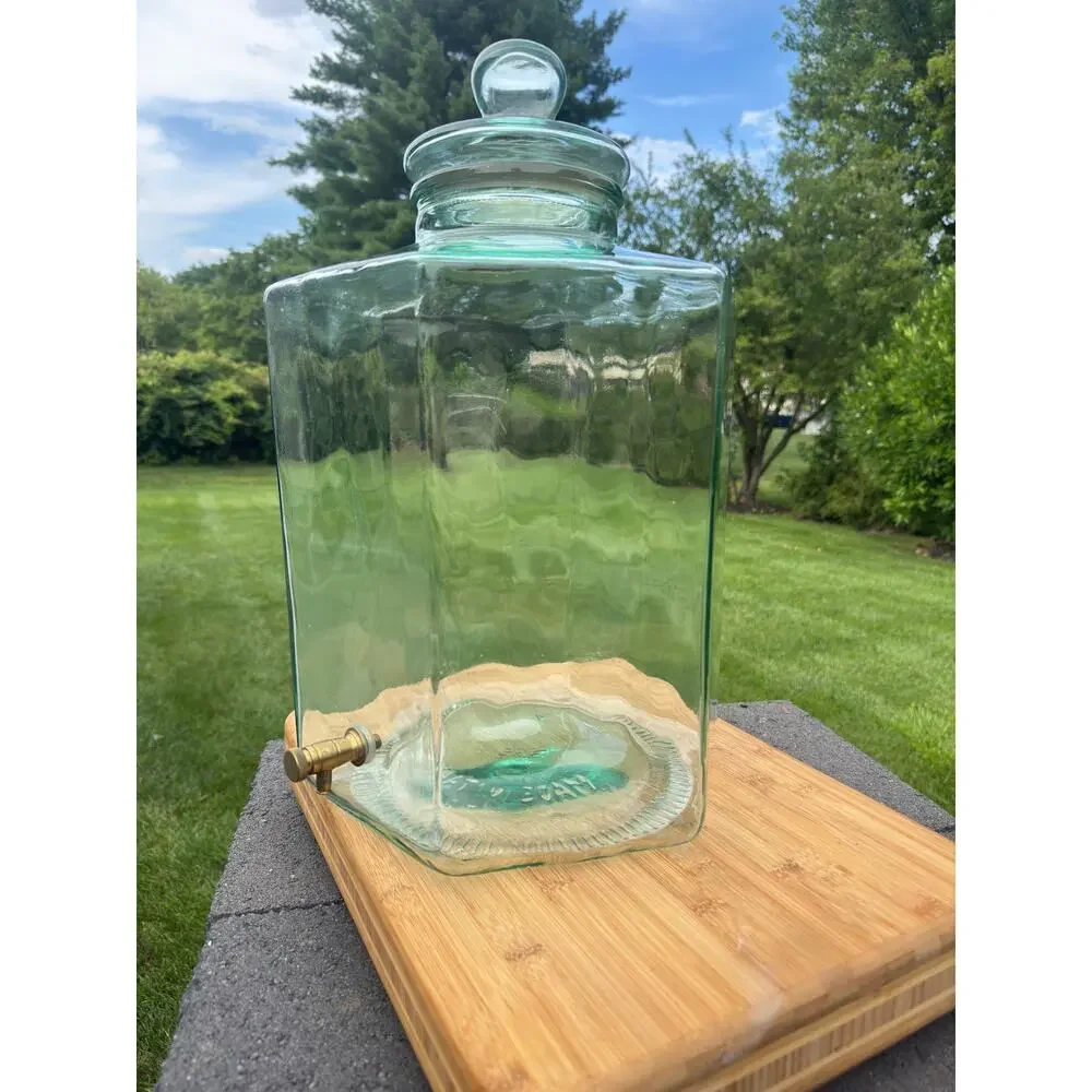 VTG Italian Hexagonal Water Dispenser 5 Gal Green Glass Brass Spigot 19” Tall